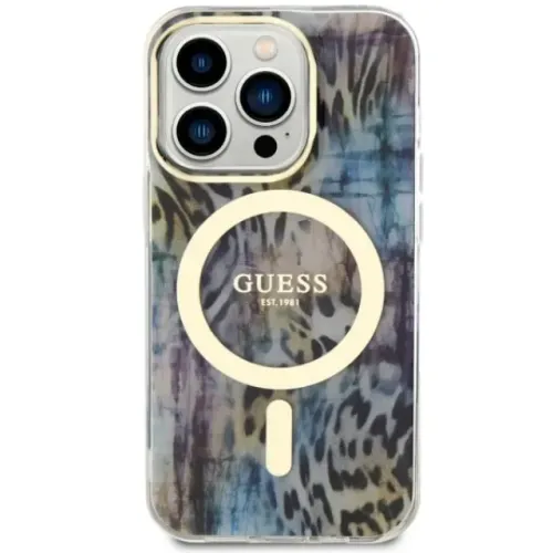 Guess case for iPhone 14 Pro 6.1 GUHMP14LHLEOPWB blue hardcase Magsafe IML Leopard